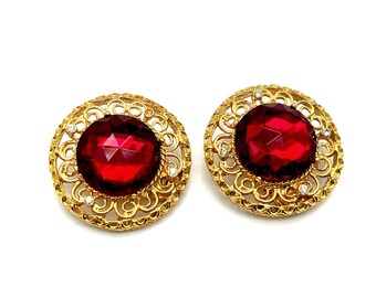 Vintage Red & White Rhinestone Gold Plated Filigree Clip Earrings - 1.25"