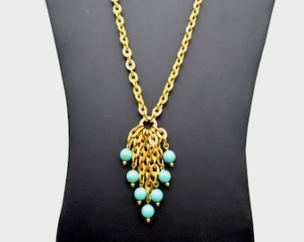 Vintage Nolan Miller Turquoise Glass Bead & Gold Plated Pendant Necklace - 24"