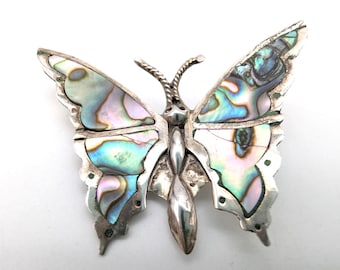 Vintage Sterling Silver & Abalone Inlay Butterfly Pin Signed FC, Mexico - 1.75"