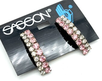 Vintage Silver Tone & Pink Rhinestone Stud Earrings - Old Stock