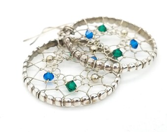 Vintage Navajo Sterling Silver & Crystal Dream Catcher Earrings Signed MW