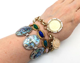 3 Vintage Link and Charm Bracelets; Abalone, Faux Gemstone & Coin Style