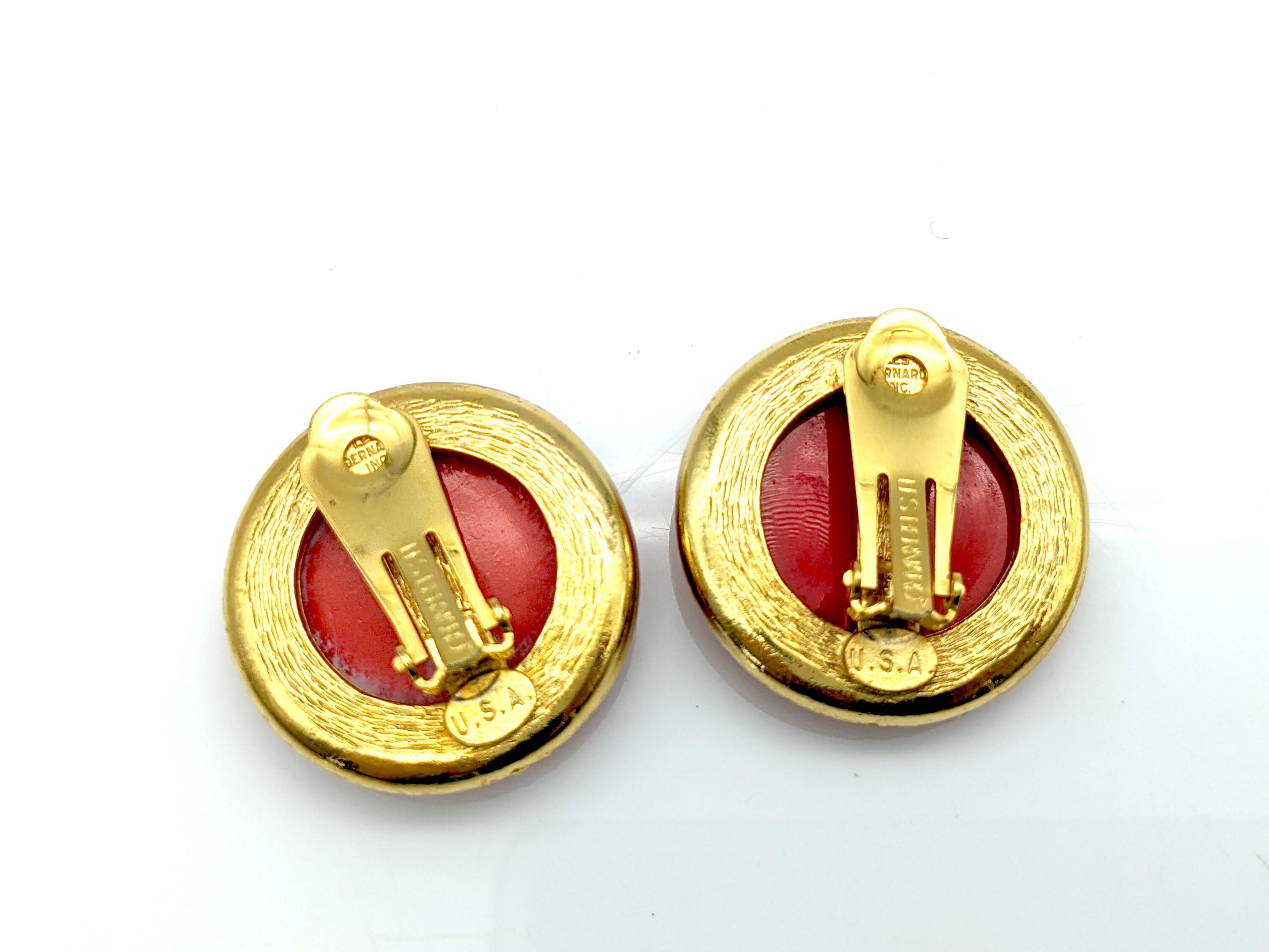 Vintage Les Bernard Red Acrylic and Gold Plated Statement Earrings