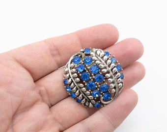Vintage Silver Tone & Blue Rhinestone Floral Brooch Signed STAR
