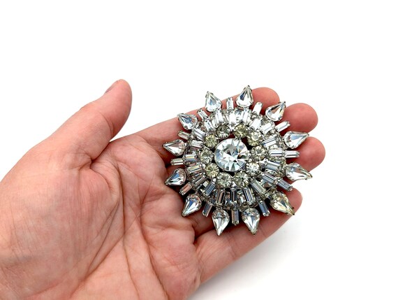Large Vintage White Rhinestone Encrusted floral Brooch - Gem
