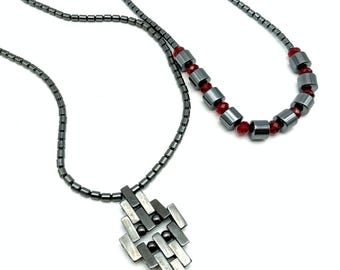 Two Natural Hematite Beaded Pendant Necklaces
