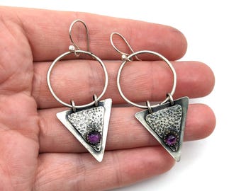 Oxidized Sterling Silver & Rose Cut Amethyst Triangle Dangle Earrings