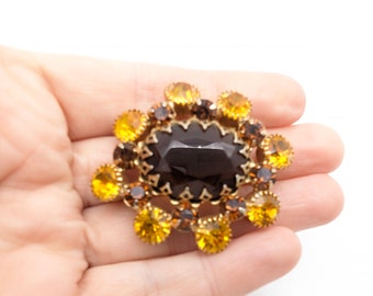 Vintage Topaz & Citrine Rhinestone Brooch - 2"