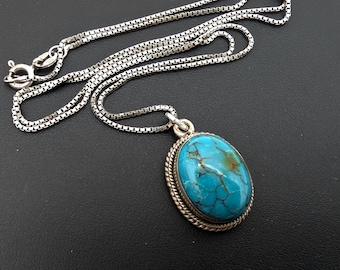 Vintage Sterling Silver & Copper Turquoise Pendant Necklace - 20"