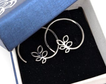 Sterling Silver Spiral Wire Leaf Hoop Earrings, Floral Hoops, Threader Hoops