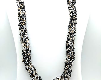 Vintage Joan Rivers Twisted Black, White & Gold Seed Bead Multi-Strand Necklace - 32"