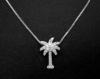Sterling Silver & CZ Studded Palm Tree Pendant Necklace - 18"