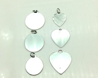 Vintage Sterling Silver Heart or Circle Blank Charms or Pendants