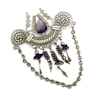 Intricate Vintage Purple Agate & Amethyst Silver Dangle Brooch