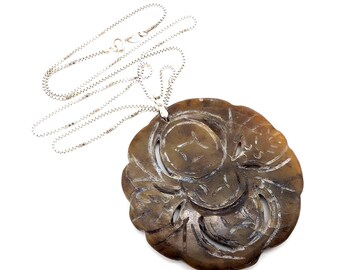 Carved Chinese Brown Jade & Sterling Floral Pendant Necklace - 20"