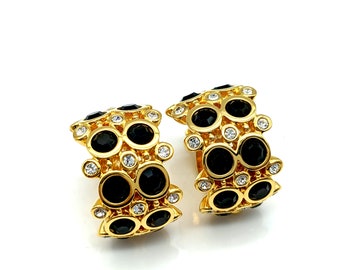 Gold Plated Black & White Rhinestone Clip Hoop Earrings - 1"