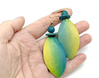 Vintage Blue, Green & Yellow Wood Dangle Earrings - 2.5"
