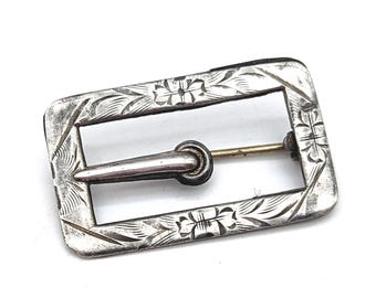 Antique Nussbaum and Hunold Etched Sterling Silver Sash Buckle Pin - 3"
