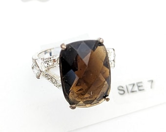 Old Stock Silver Plated CZ Smoky Quartz Statement Ring by Ashley Cooper - Size 7