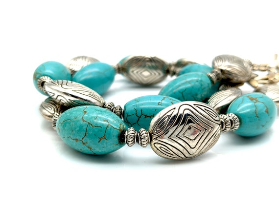 Vintage Faux Turquoise Glass & Etched Silver Bead… - image 8