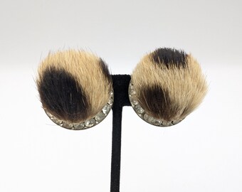 Vintage Spotted Mink Fur & Rhinestone Clip On Earrings - 1.25"