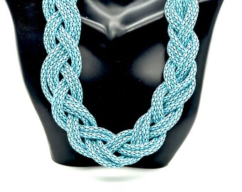 Vintage Turquoise Blue Braided Snake Chain Choker Necklace - 16-19"