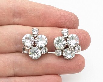 Vintage Austrian Crystal Flower Clip Earrings - 3/4"