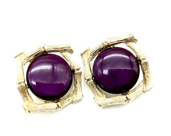 Stunning Lisner Purple Moonglow Lucite & Gold Tone Bamboo Bezel Clip Earrings - 1"