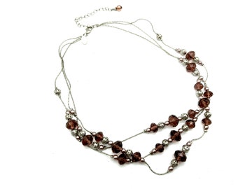 Signed 2028 Vintage Triple Strand Purple and Silver Beaded Chain Necklace - 16-19" Adjustable