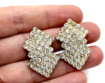 Vintage Rhinestone Studded Gold Tone Diamond Shaped Clip Earrings - 1.25"