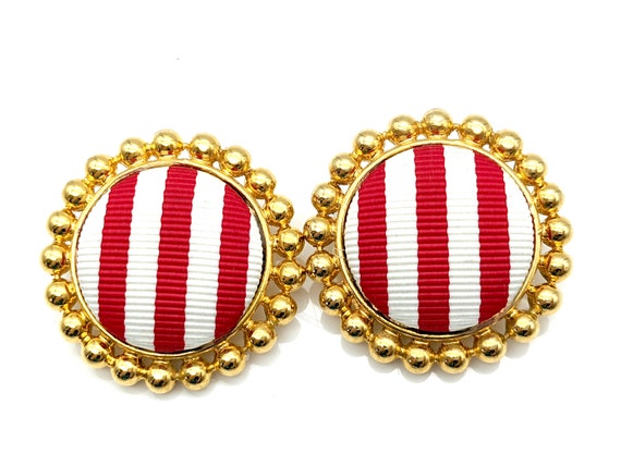 Vintage Red & White Stripped Circle Clip Earrings… - image 3