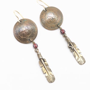 Vintage Indian Head Penny & Brass Feather Dangle Earrings - 2.5&quot;