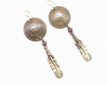 Vintage Indian Head Penny & Brass Feather Dangle Earrings - 2.5"