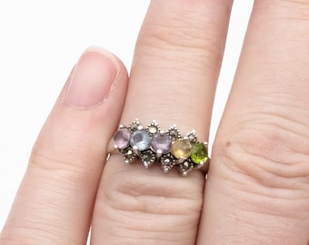 Vintage Sterling Silver & Multicolor Gemstone and Marcasite Ring - Size 6.75