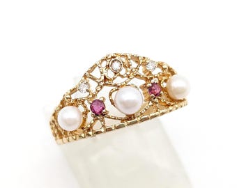 14k Pearl, Ruby & Diamond Crown Ring - Size 7.25, Resizeable