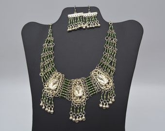 Vintage Egyptian Revival Beaded Bib Necklace & Earrings Set