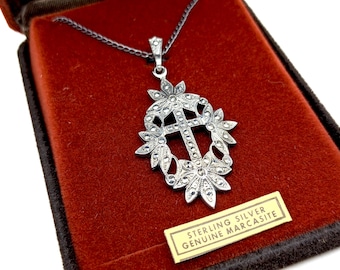 Art Deco Sterling Silver & Marcasite Cross Pendant Necklace - 18"
