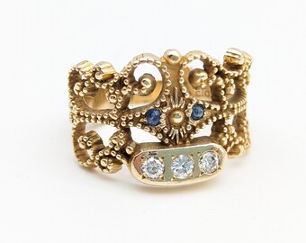 Diamond, Sapphire & 10K Gold Beaded Scrollwork Estate Ring Signed OC Tanner - Size 7.25