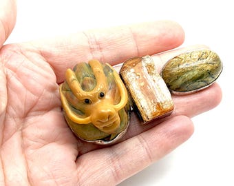 Vintage Rebecca Collins Carved Dragon Sterling Silver, Raw Golden Topaz & Golden Pietersite Brooch