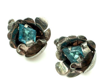 Vintage Sterling Silver & Blue Rhinestone Flower Screw Back Earrings
