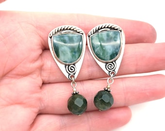 Vintage Artisan Sterling Silver & Dark Green Aventurine Quartz Dangle Earrings