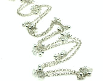 Vintage Extra Long Silver Tone Chain With Silver and Clear Dangling Beads - 56"