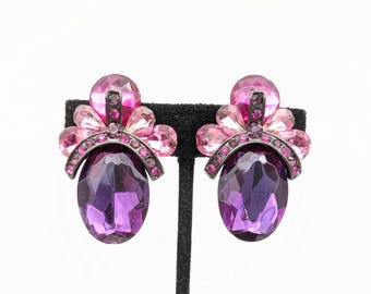 Purple & Pink Rhinestone Clip On Stud Earrings