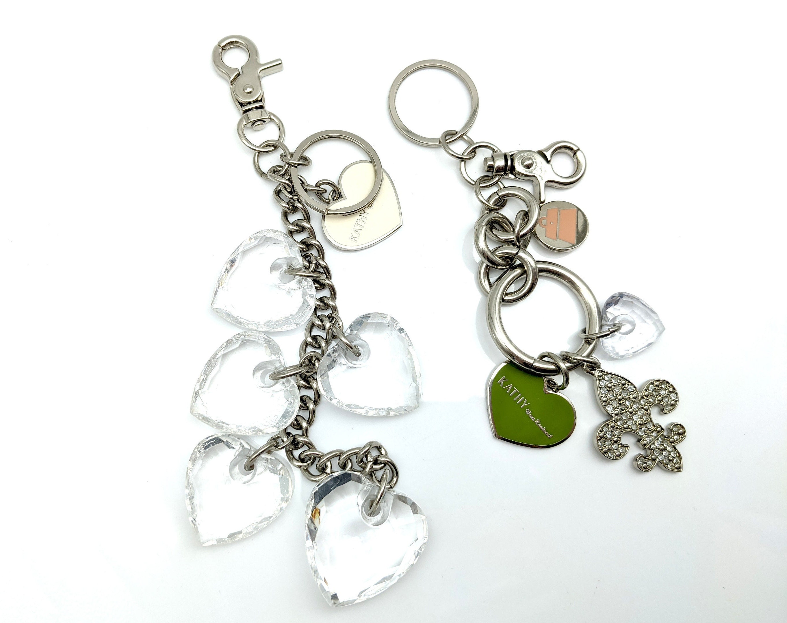 KATHY VAN ZEELAND PURSE CHARM KEYCHAIN SILVERTONE HEARTS & CLEAR ACRYLIC  HEARTS 