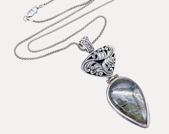 Artisan Labradorite & Oxidized Sterling Silver Pendant Necklace - 22"
