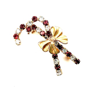 Vintage Gold Tone & Rhinestone Candy Cane Brooch With Bow