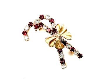 Vintage Gold Tone & Rhinestone Candy Cane Brooch With Bow