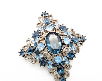Trifari Blue Rhinestone Floral Brooch/ Pendant - 2"