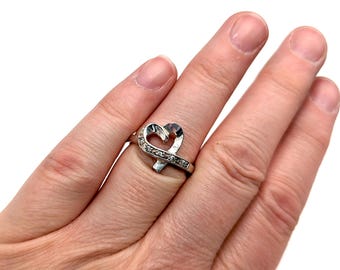Vintage Sterling Silver & CZ Heart Ring - Size 8.25