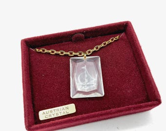 Old Stock Carved Austrian Crystal Intaglio Ship Pendant Necklace